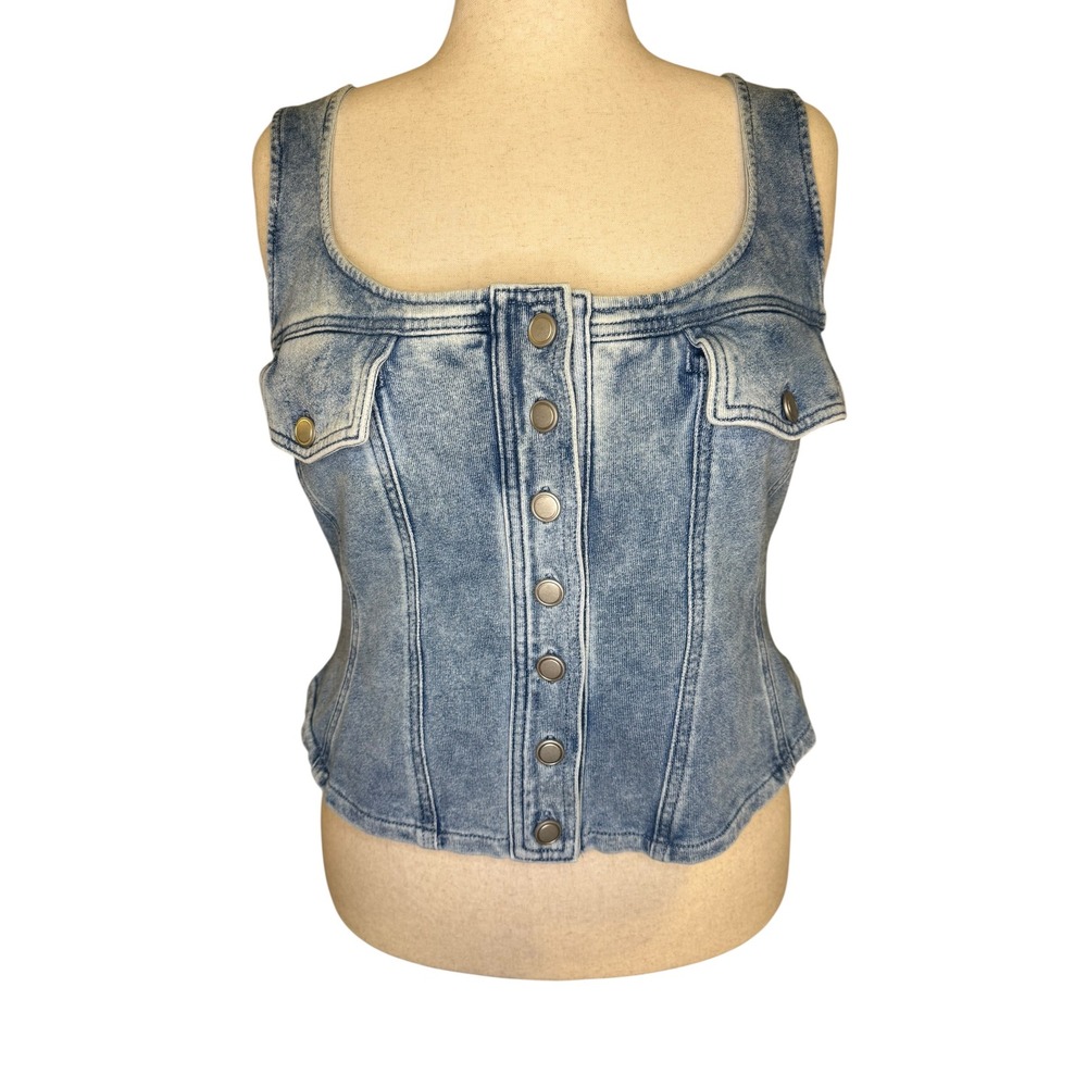 Good American Indigo Denim‎ Vest Acid Wash Square Neck Button Front GS0511 3XL
